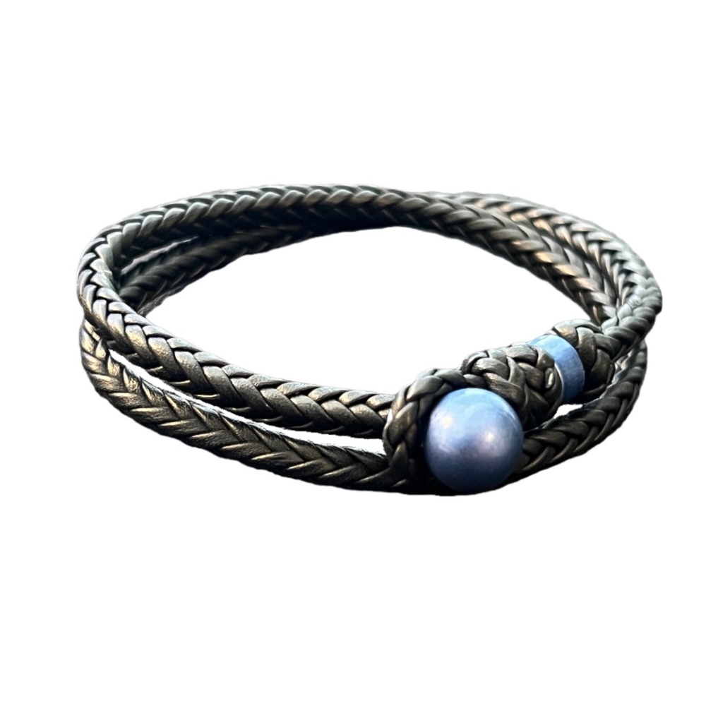 New Men's Navy Blue Leather Intrecciato Bracelet, Handmade in Italy